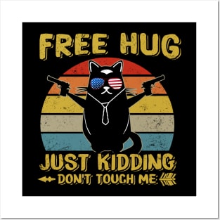 Cat Bandana Free Hug Just Kidding Don't Touch Me Vintage Sunset Posters and Art